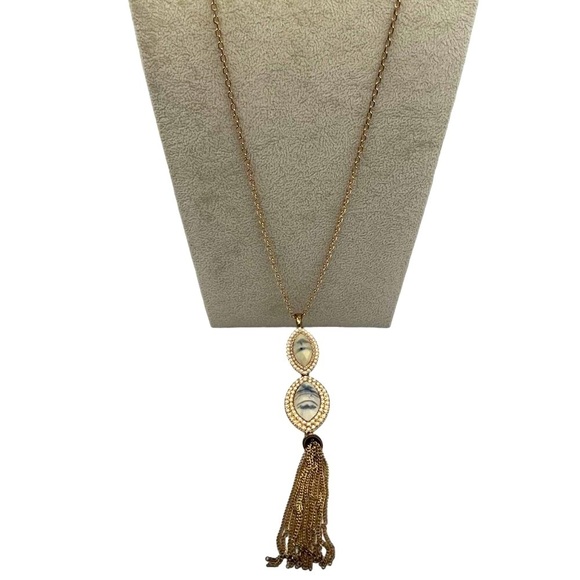 Gold Tone Tassel Necklace With Faux Pearls & Marbled Stones.  A90 - Picture 1 of 7